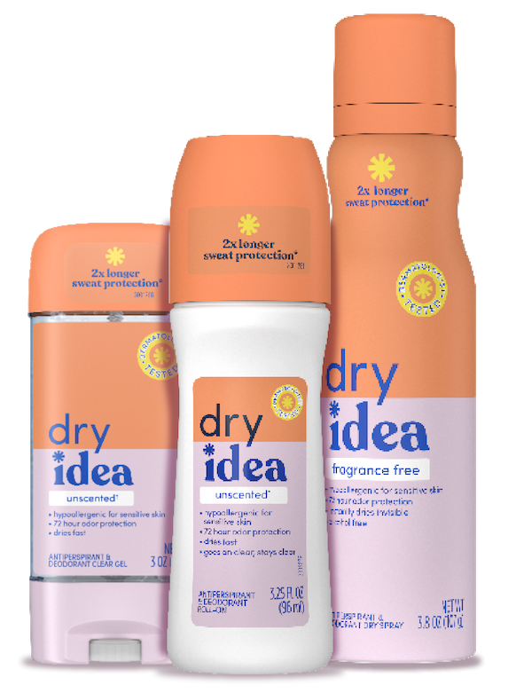 Dry Idea unscented clear gel, Dry Idea unscented roll-on, and Dry Idea fragrance free dry spray antiperspirants and deodorants